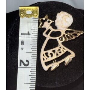 Vintage 80s Angel Brooch Pin Gold Tone White Enamel Holiday Christmas Star